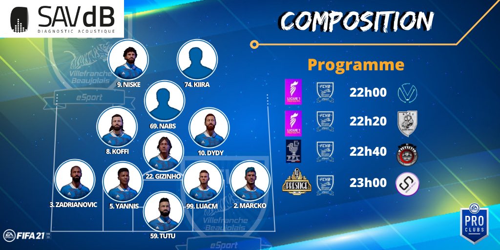 FCVB eSport Club Pro (@fcvb_esport_cp) on Twitter photo 🔵 COMPOSITION & PROGRAMME 🔵
🏆 @VPNPS4Officiel
🆚 <a href="/senixClubPro/">Senix Esport Club pro</a>
🏆 <a href="/Ligue_PPL/">Ligue PPL</a>
🆚 <a href="/VictoriosoEspo1/">Victorioso Esport</a>
🆚 @BlackNyosUnited
🏆 <a href="/Ligue_PPL/">Ligue PPL</a> - LDC (poule)
🆚 <a href="/XIAFC_CP/">XI ALCATRAZ FC</a>
<a href="/FCVBeSport/">FCVB eSport</a> 🔵 COMPOSITION & PROGRAMME 🔵
🏆 @VPNPS4Officiel
🆚 <a href="/senixClubPro/">Senix Esport Club pro</a>
🏆 <a href="/Ligue_PPL/">Ligue PPL</a>
🆚 <a href="/VictoriosoEspo1/">Victorioso Esport</a>
🆚 @BlackNyosUnited
🏆 <a href="/Ligue_PPL/">Ligue PPL</a> - LDC (poule)
🆚 <a href="/XIAFC_CP/">XI ALCATRAZ FC</a>
<a href="/FCVBeSport/">FCVB eSport</a>