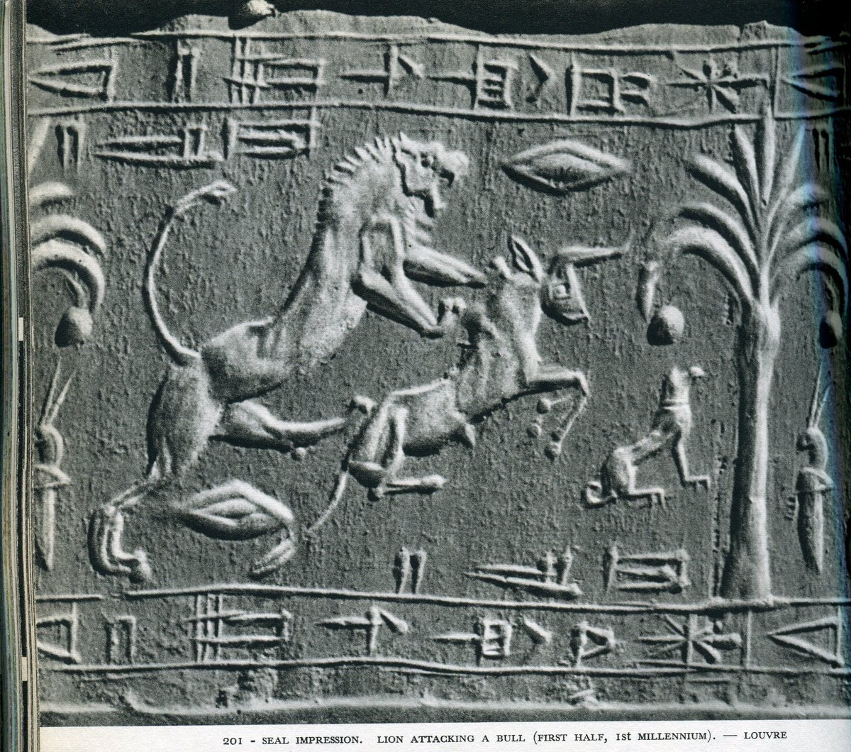 Thread: Here's an interesting cylinder seal impression, about which I only know that it is from the first half of the first millennium BC and that it is currently in Louvre. I presume that it is from Mesopotamia (cuneiform)...