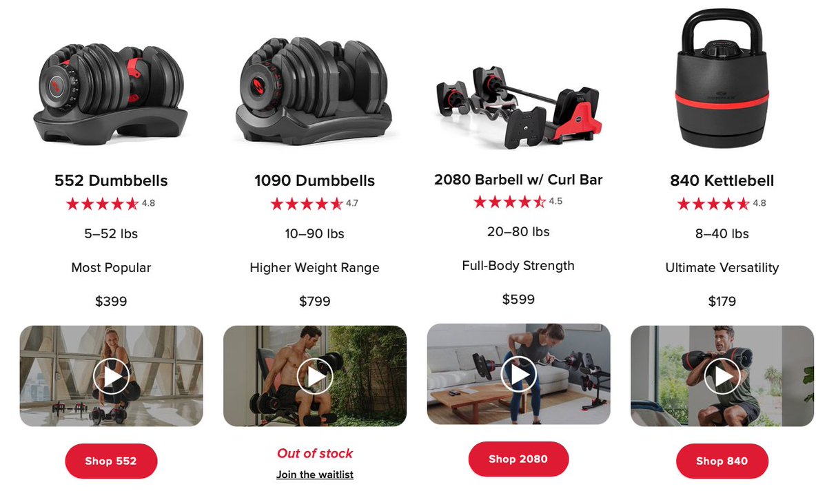 (3/8) Bowflex Strength ProductsDirect to consumer strength product sales +372% YoY in 2020. These are the ultimate home gym solutions - buy 1 adjustable dumbbell instead of 20 different sizes. Trainer led lifting video workouts on app.