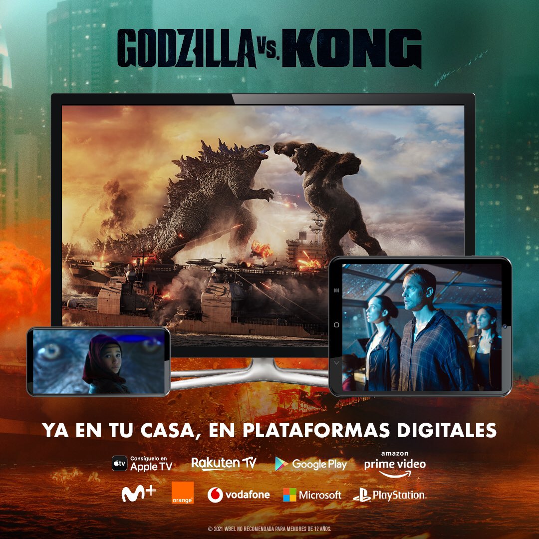 WarnerBrosSpain's tweet photo. Ya puedes ver desde casa #GodzillaVsKong. Disponible en  @AppleTV, @RakutenTV_ES, @PrimeVideoES, @GooglePlay, @MovistarPlus, @VodafoneTV_es, @OrangeTV_es, @PlayStationES, @MicrosoftES. https://t.co/smEzUEPMzM