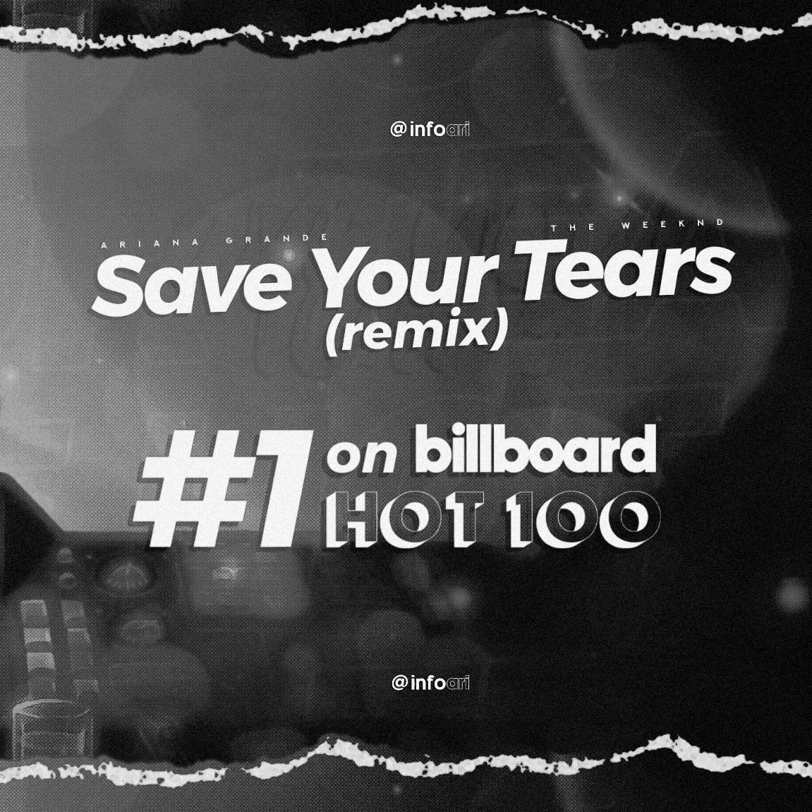 infoari's tweet photo. Ariana Grande e The Weeknd permanecem no #1 da Billboard Hot 100 pela 2ª semana com “Save Your Tears (Remix)”! https://t.co/zF0v9P5Jes