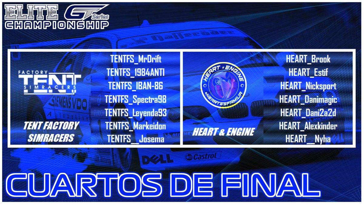 🗣️ 4os de Final de las #EliteGTSeries  en un duelo a 7 en #GTSport frente a <a href="/HeartandEngine/">Heart & Engine</a> 🥰💪

🌍 Barcelona

🏎️ BMW M3 Gr3

👤 <a href="/IbanRp1/">TENTFS_IBAN-86</a>
👤 <a href="/Miki88630012/">Miki</a>
👤 <a href="/Markeidon97/">Marc</a>
👤 <a href="/Keervin598/">Kevin Fernández</a>
👤 <a href="/PacoSpectra98/">TENTFS_Spectra98</a>
👤 <a href="/Jos3ma_Espinosa/">Josema Espinosa</a>
👤 <a href="/Leyenda93_GT/">Leyenda93</a>
 
🕥 22:30

📺 Twitch.tv/titanium__red