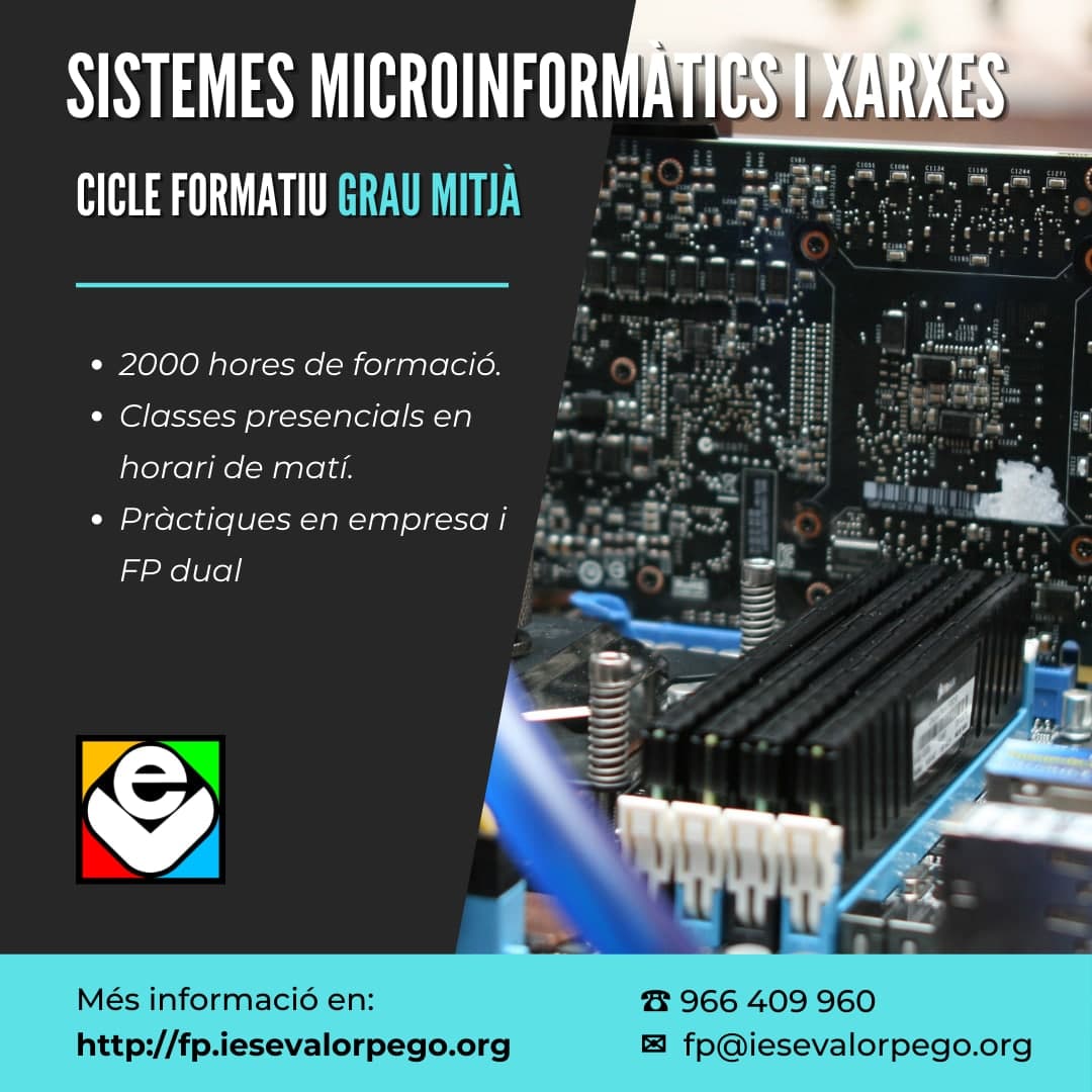 El proper 21 de maig s'obri el termini de presentació de sol·licituds de cicles formatius de Grau Mitjà i Superior.   Al centre impartim Sistemes Microinformàtics i Xarxes (GM) i Desenvolupament d'Aplicacions Web (GS) de la família professional d'Informàtica i comunicacions. #FP