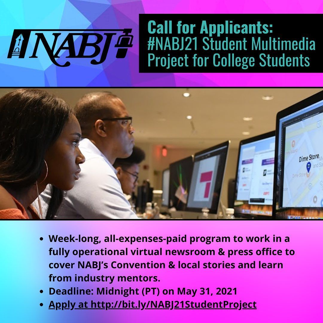 Are you a college student looking for a week long, all-expenses-paid experience working in a virtual newsroom &amp; press office for the #NABJ21 Convention? The time to apply for the NABJ Student Multimedia Project is now: bit.ly/NABJ21StudentP…