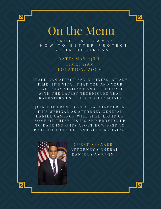 Chamber On the Menu - Guest Speaker Attorney General Daniel Cameron conta.cc/3ez9a44