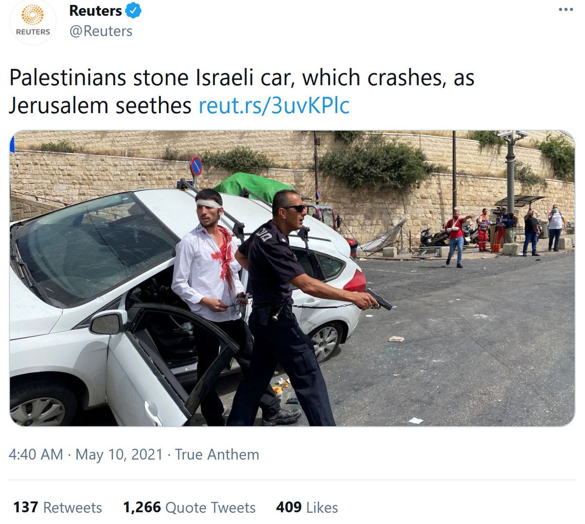 OK, so this video is going around under the Reuters headline “Palestinians stone Israeli car, which crashes”. This incident occurred near the Lion's Gate in Jerusalem. I wanted to see how much footage I can find of the event and provide a fuller picture of what happened.