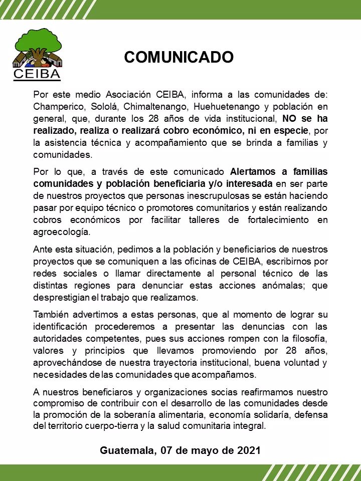 🚨URGENTE🚨
A través de este comunicado denunciamos que personas inescrupulosas se están haciendo pasar por personal técnico o promotores comunitarios y están cobrando por SERVICIOS Y ASESORÍAS a nombre de la organización. 

Les pedimos a todas y todos, puedan compartirlo.