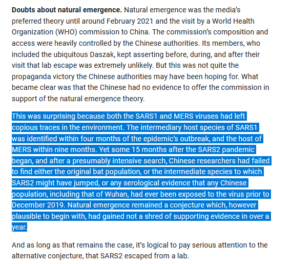 6/ The media accepted that the virus must have resulted from natural emergence from the wild, & could not have come leak from the lab in Wuhan, but cracks in that argument began to appear in early 2021: