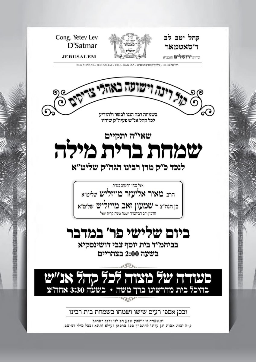 HQSatmar's tweet photo. The #Bris of Satmar Grand Rebbe Aron’s great-grandson, born to Rabbi Meyer Eliezer Meislish, son of Rabbi Shimon Zev Meislish Rav of the Yismach Moshe Shul in the Town of 🌴Palm Tree 🌴son in-Law of the Grand Rebbe will be held at the Dushinsky Shul in #Jerusalem #SatmarDushinsky https://t.co/SLy9KHke2M