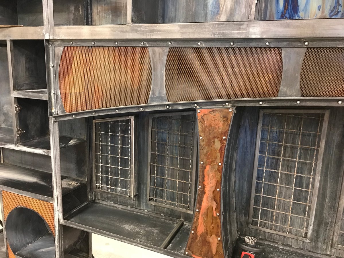 BcMetalworks's tweet photo. Four pieces all in one: 1 spanning entertainment/cabinet shelving unit, 2 mid size shelving units, 1 sliding barn door. These are just some of the many custom metal, wood, and leather industrial furniture pieces our shop can produce.

#furniture #interiordesign #homedecor #design https://t.co/SXT7MNI5Gi