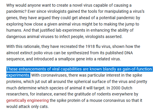 7/ So, why would a lab be working with manipulating viruses, including coronaviruses? And why would the US be involved in helping to fund that research in Wuhan? Three words: Gain of Function 