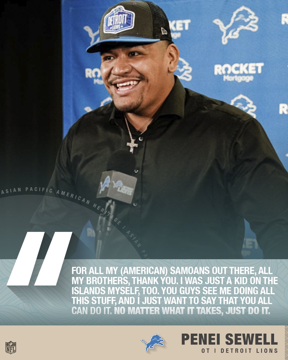 He isn’t just the <a href="/Lions/">Detroit Lions</a>' new blindside blocker.
Or a first-round pick out of <a href="/oregonfootball/">Oregon Football</a>.
 
<a href="/peneisewell58/">Penei Sewell</a> is an inspiration to everyone back in American Samoa. 🇦🇸💙 (via <a href="/PolynesianFBHOF/">Polynesian Football</a>) #APAHM