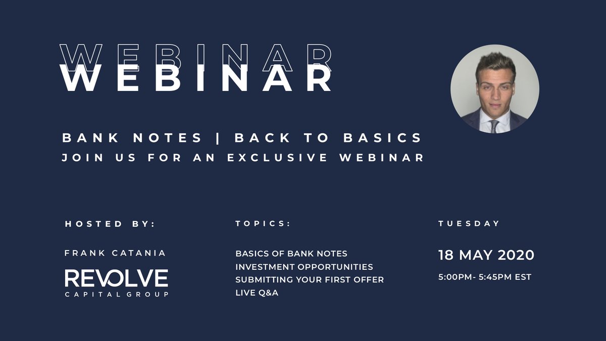 RevolveCapital's tweet photo. We would like to invite you a free LIVE webinar this Tuesday, May 18th at 5pm EST!

We will cover
#FromStart2Flip Recap
Basics of Bank Notes
Investment Opportunities
Submitting Your First Offer
Live Q&amp;A Session

Signup at: https://t.co/tGHXW9bSaS https://t.co/UBfE8EvK7o