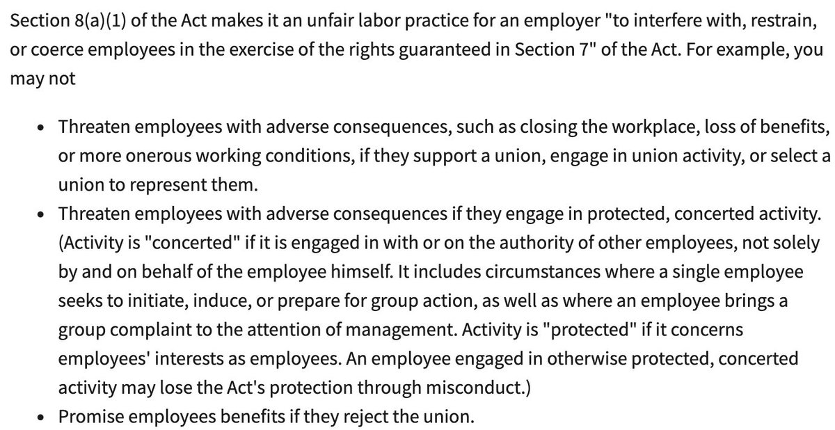 Per federal labor law, employers are forbidden from threatening employees "with adverse consequences, such as...loss of benefits, or more onerous working conditions, if they support a union, engage in union activity, or select a union to represent them." https://www.nlrb.gov/about-nlrb/rights-we-protect/the-law/interfering-with-employee-rights-section-7-8a1