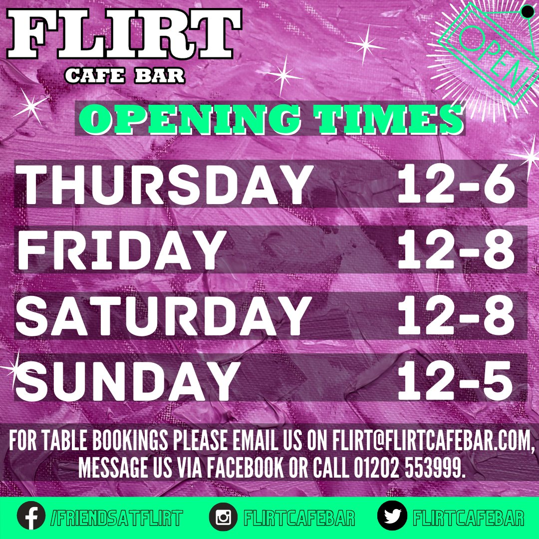 Our opening hours will be as follows:
💛 Thursday - 12-6
💛 Friday - 12-8
💛 Saturday - 12-8
💛 Sunday - 12-5
For table bookings please email us on flirt@flirtcafebar.com, message us via Facebook or call 01202 553999.
#bournemouth #bournemouthtriangle #bmth #bournemouthtown
