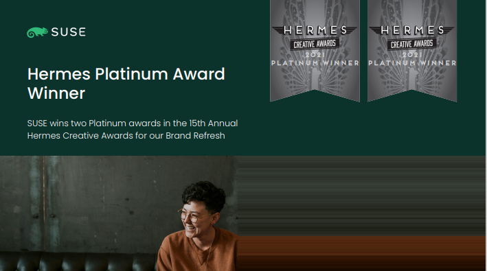 SUSE's tweet photo. We are delighted and incredibly honored to share our new branding is being recognized with two Hermes Creative Awards in the Company Branding and Branding Refresh categories. #PowerofMany #InnovateEverywhere https://t.co/DgsjhREV4K https://t.co/lVbOBrdF4i