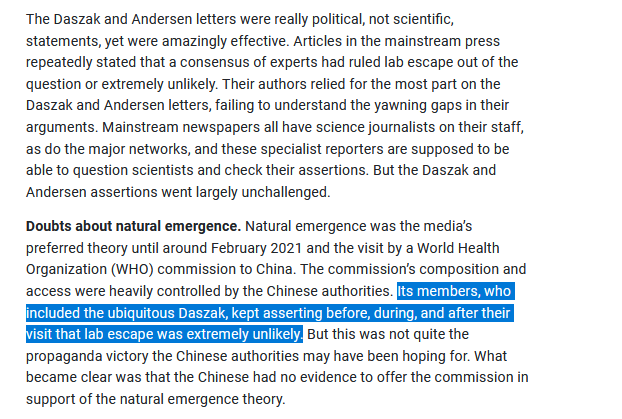 11/ That NIH grant went to Peter Daszak of the EcoHealth Alliance as prime contractor. The same Daszek who in the Lancet letter said a lab leak was impossible, & the same Daszek who was part of the WHO team that led a limited investigation of the Wuhan Lab.