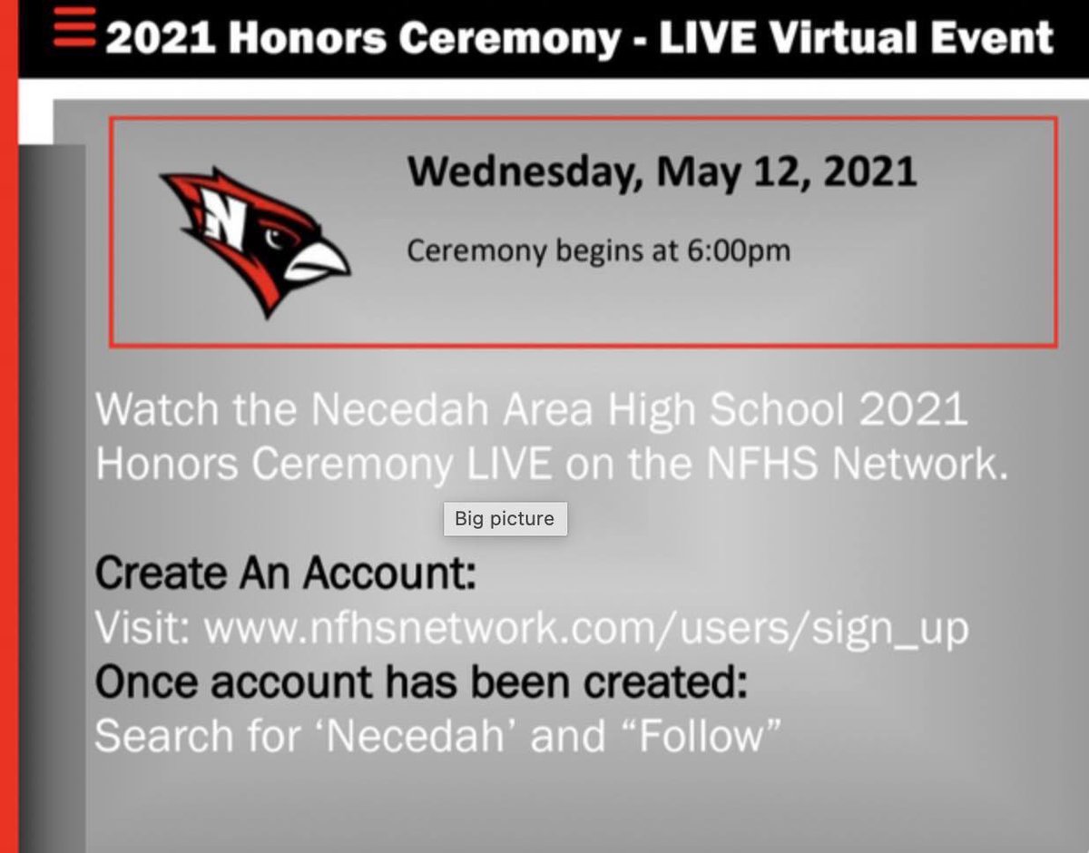 necedahcardinal's tweet photo. 🎓 2021 Honors Ceremony! 🎓

LIVE Virtual Event will be held on Wednesday, May 12th at 6:00 pm! #NecedahPride https://t.co/r4iwN7a8fi
