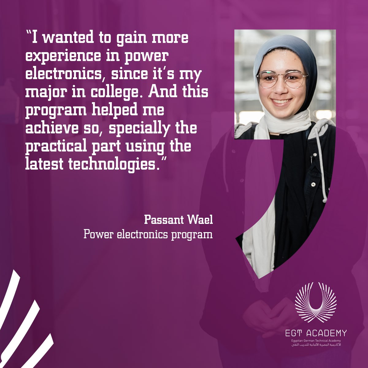 EGTAcademy's tweet photo. Passant Wael’s opinion on EGT Academy’s power electronics program and how the program was beneficial to her
@giz_gmbh – @Siemens_Energy in Egypt
#CompetentForTheFuture
#EGTAcademy https://t.co/5TfIDlNNjk