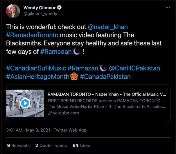 nader_khan's tweet image. *Many* thanks to the Canadian Ambassador to Pakistan, Her Excellency, Wendy Gilmour (@gilmour_wendy), for tweeting her appreciation for the new music video for  #RamadanToronto that was released a few days ago. 

If you haven’t seen it yet,...
youtu.be/3AaVQFAw53Y