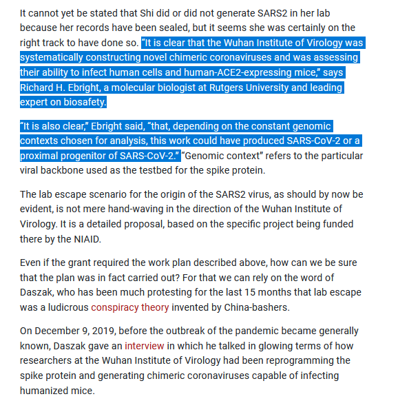 13/ The Lab escape scenario for Covid makes a great deal of sense. And the guy who called it a conspiracy theory, Daszek bragged in December 2019 about the work being done at the Wuhan Lab that he helped the Chinese with thanks to that NIH funding, right before the pandemic: