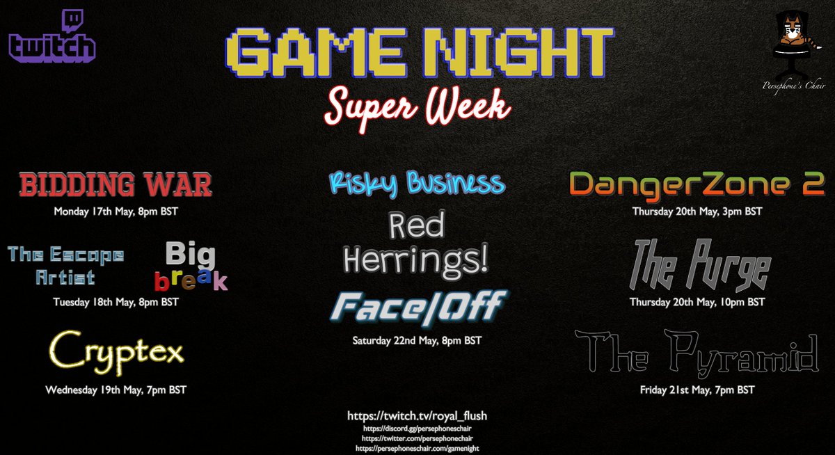 I missed the one week countdown by an hour, but this time next week (just over an hour ago) #SuperWeek & #PushForPartner begins. Bring all your friends! #GameShows every day and a prize at the end of the week! twitch.tv/royal_flush #GameNight #Quiz #Trivia #Originals #QuizShow