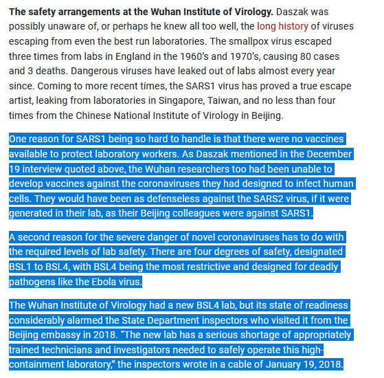 15/ Add to that the history of viruses leaking from research labs, & the fact that the  #WuhanLab had no vaccines capable of protecting its own workers + the lesserr safety protocals followed there, &  #Covid being the result of a lab leak from  #Wuhan seems more and more plausible.