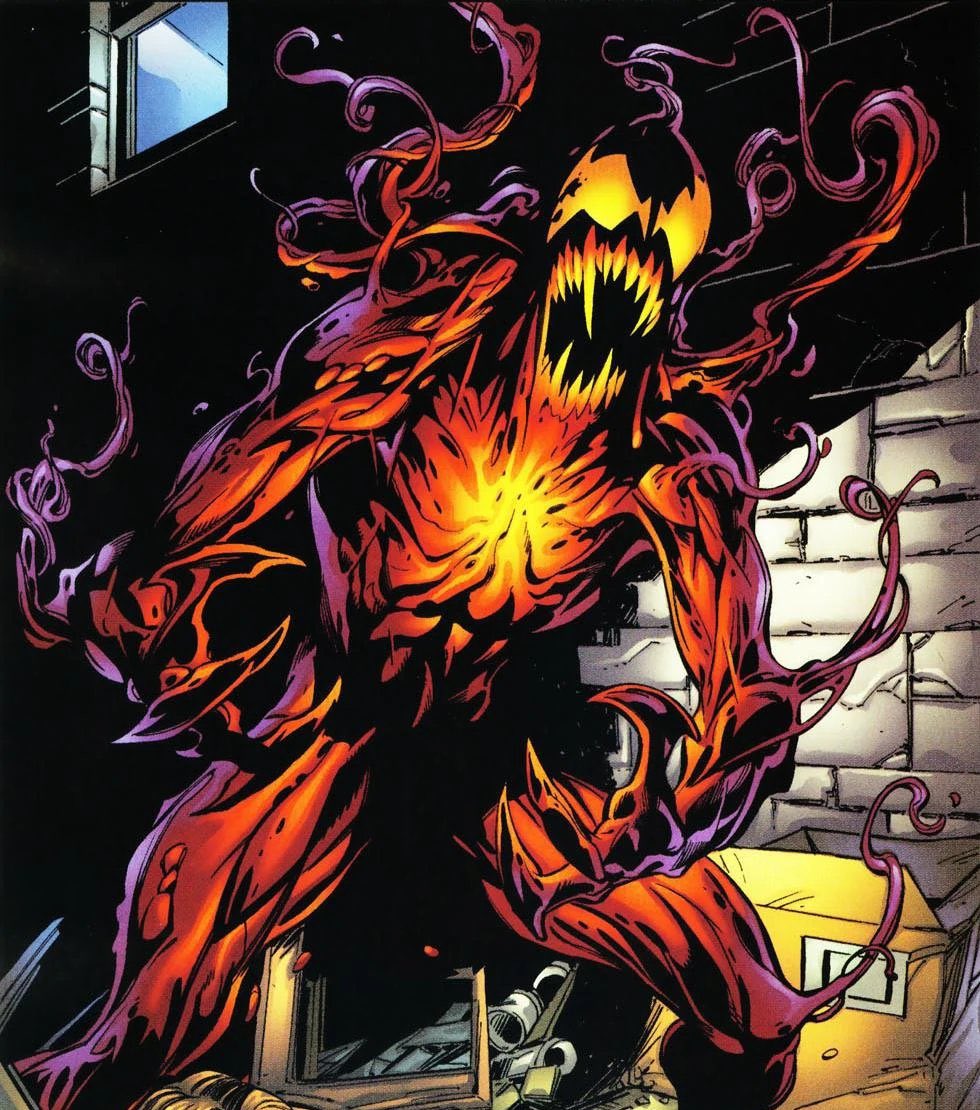 JaxBladeFitness's tweet photo. Ok hype brain wore off &amp; the more I see this 1st image the more I’m meh on it. Carnage has been my fav Comic villain since I was 4 but this design is just Red Venom &amp; the Best Carnage Designs are always Black teeth/face &amp; red &amp; black markings. End of trailer he looked BOSS AF tho https://t.co/vqDe1Zxvqh