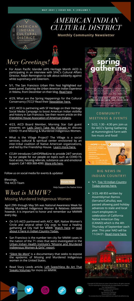 aicdsf's tweet image. Happy API Heritage Month and Mental Health Awareness Month!! Check out the American Indian Cultural District's May 2021 Newsletter here: tinyurl.com/AICDMay21Newsl…

#IndigenizeSF #AmericanIndianCulturalDistrict #RamaytushOhloneLand #MMIWG2S