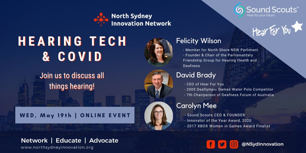 NSydInnovation's tweet photo. RSVP FREE and join our #hearingtech evening!
Panelists:
David Brady - @DBChairDFAUS
Caroline Mee - @cmee4
Felicity Wilson MP
#NSIN #SoundScouts #HearForYou
RVSP Here!
https://t.co/YqZGN2bVU1 https://t.co/yPPtBBVmzz