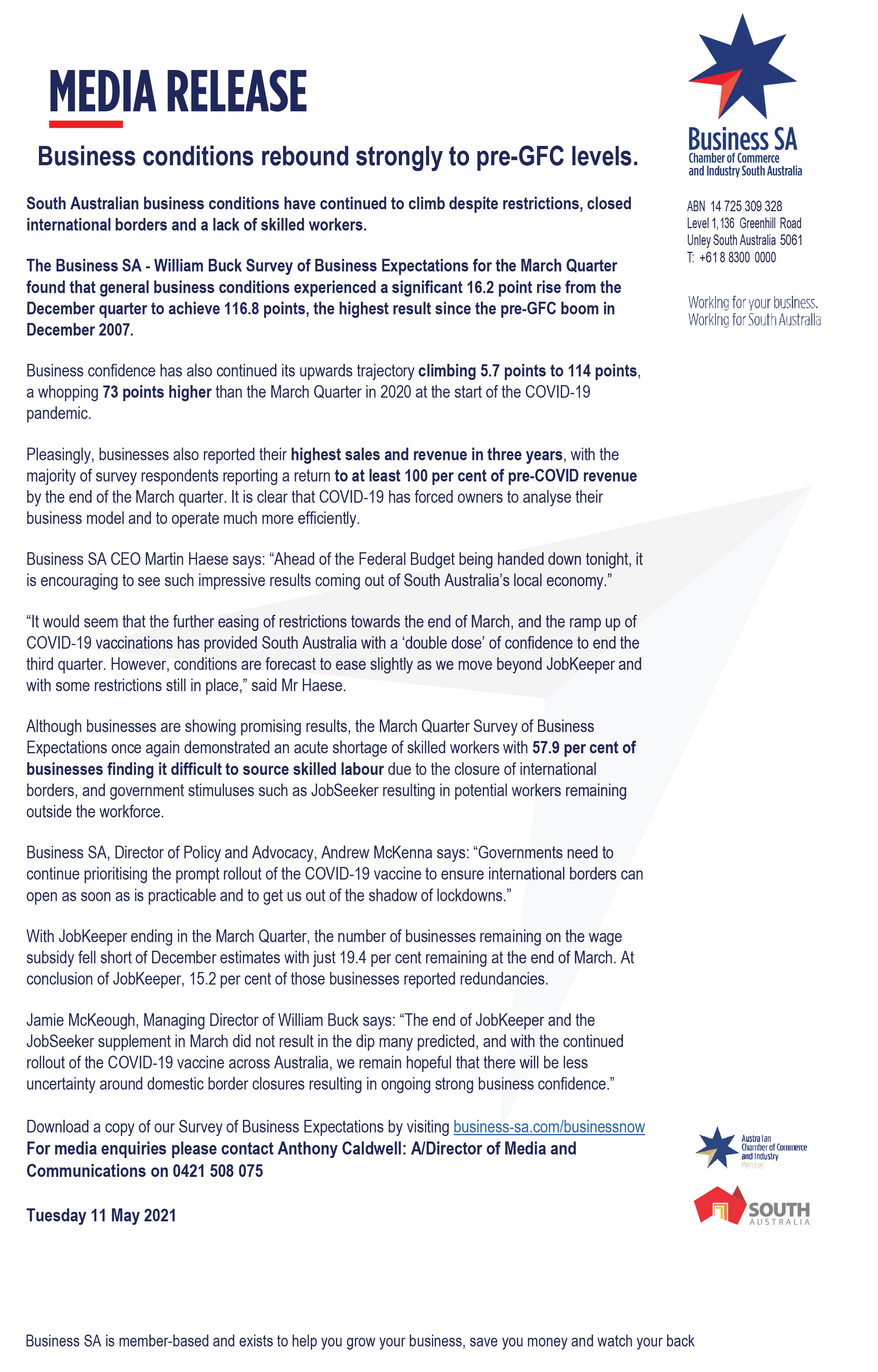 Business Sa On Twitter Media Release The Business Sa Williambuckau Survey Of Business Expectations For The Mar Qtr Found That General Business Conditions Experienced A Significant 16 2 Point Rise Achieve 116 8