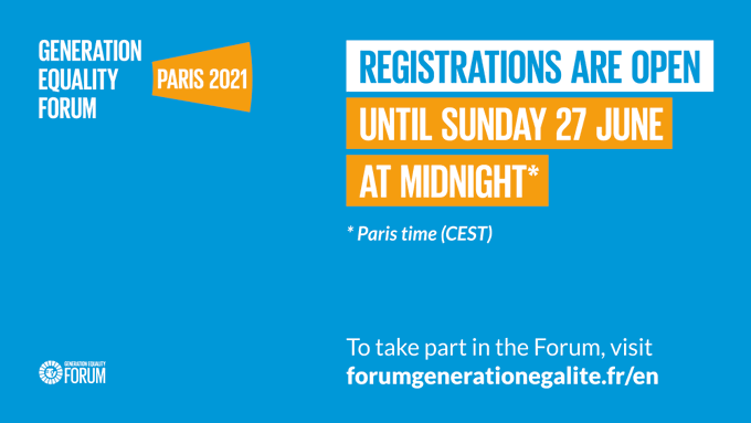 peacemakersnetw's tweet photo. #Registration for the Generation Equality Forum in Paris is now open! From 30 June to 2 July, virtually join this milestone global gathering to advance gender equality.

Registration ends Sunday 27 June at midnight CEST.
🔗https://t.co/YDDmJSqRHF #ActForEqual #GenerationEquality https://t.co/HjpcRNzpAA