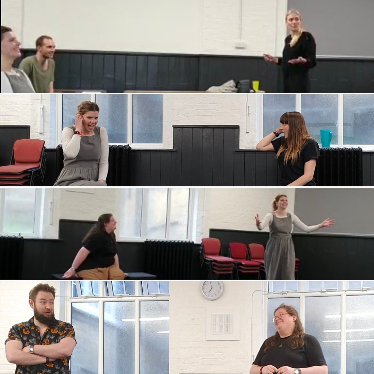 The cast of Multiverse Musical rehearsing: singing like Disney princesses and laughing like people who have missed one another greatly.