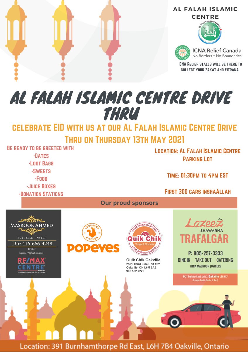 AlFalahCentre's tweet photo. Celebrate EID with us at our AlFalah Islamic Centre Drive Thru on Thursday 13th May 2021

Be ready to be greeted with 
-Dates
-Loot Bags
-Sweets
-Food
-Juice Boxes
-Donation Station

Location: Al Falah Islamic Centre Parking Lot
Time: 01:30pm to 4pm EST
First 300 cars inshaAllah https://t.co/3KImEtzsCw