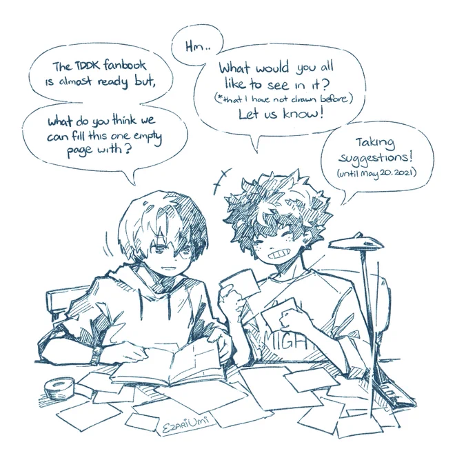 The second update is here !! | TDDK fanbook info 

The TodoDeku-centric fanbook has an unfilled page left. What have I not yet drawn that you would like to see?

Leave your ideas in the replies. (੭ ᐕ)੭*⁾⁾
✨All are welcome to participate !! 