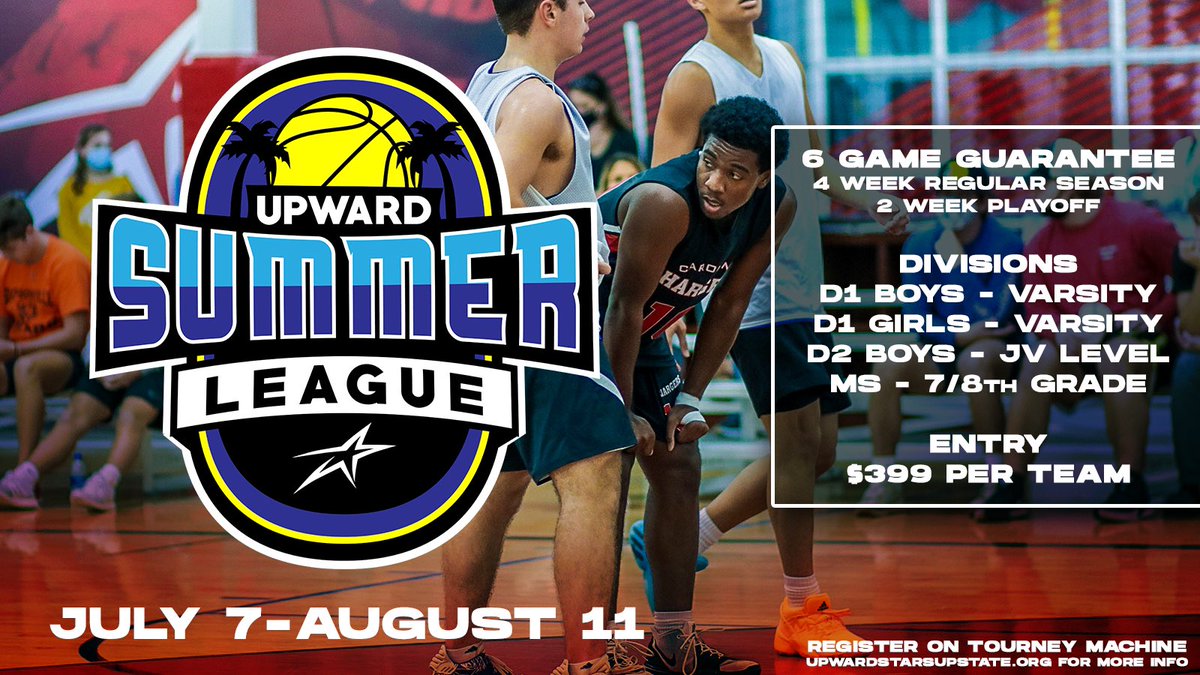 StarsSports_SC's tweet photo. 🚨Upward Summer League🚨
••••••••
🏫 Upward Star Center 
🗓 July 7-August 11
⏱ Wednesday Nights 
✅ Register on Tourney Machine
💲 $399 per team 
🏀 6 games guaranteed https://t.co/Vi0EoFhD4R
