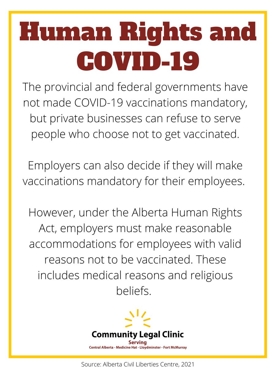 CACLClinic's tweet photo. #COVID-19 vaccinations are not mandatory according to the provincial and federal govts, but businesses can mandate vaccinations for their employees and customers. For more info, check out this article from the Alberta Civil Liberties Research Centre. https://t.co/DxfcbmYLum https://t.co/lzekzvDSpC