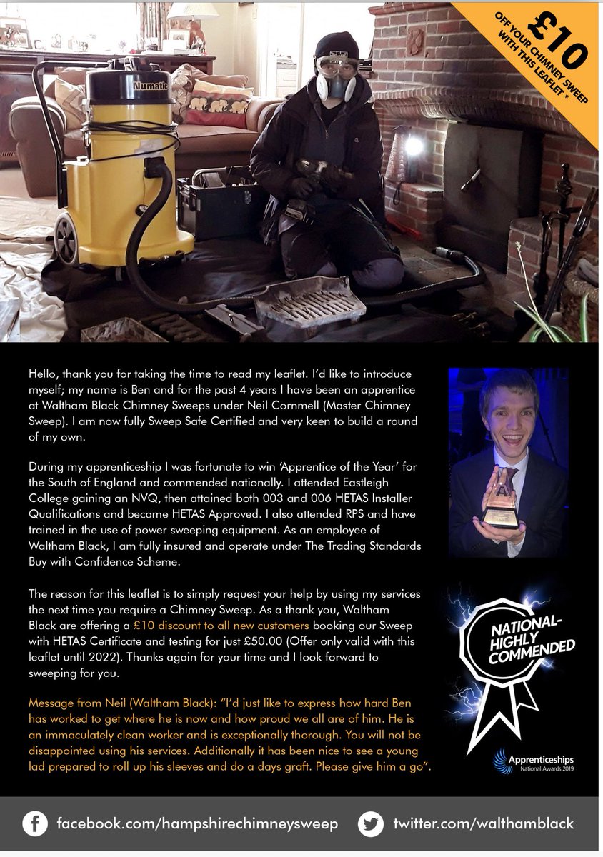 walthamblack's tweet photo. Ben’s Flyers are back from the printers . #Hampshire #chimneysweep.
Call us to book in his services #meonvalley #droxford #soberton #westmeon #corehampton #wickham #meonstoke #hambledon #denmead #fareham @hetas_uk @SweepSafeUK @WinchesterCity @hantsconnect https://t.co/0jVyrQwdTZ