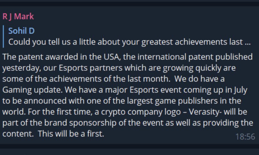 𝗦𝗽𝗲𝗰𝘂𝗹𝗮𝘁𝗶𝗼𝗻Verasity is said to have a major Esports event on the horizon, TBA with "one of the largest game publishers in the world." Not only will  $VRA be a major sponsor for the event, but they'll be providing the content as well.  $VRA 18/27