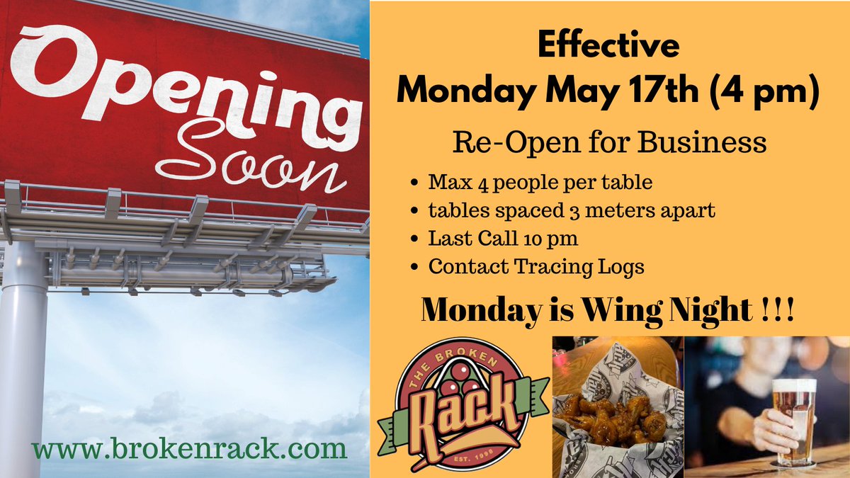 Opening Monday May 17th @ 4 pm... and its Wing Night!  Covid Protocols in Place #stickittocovid #wingspecial #wingsyqr #yqr