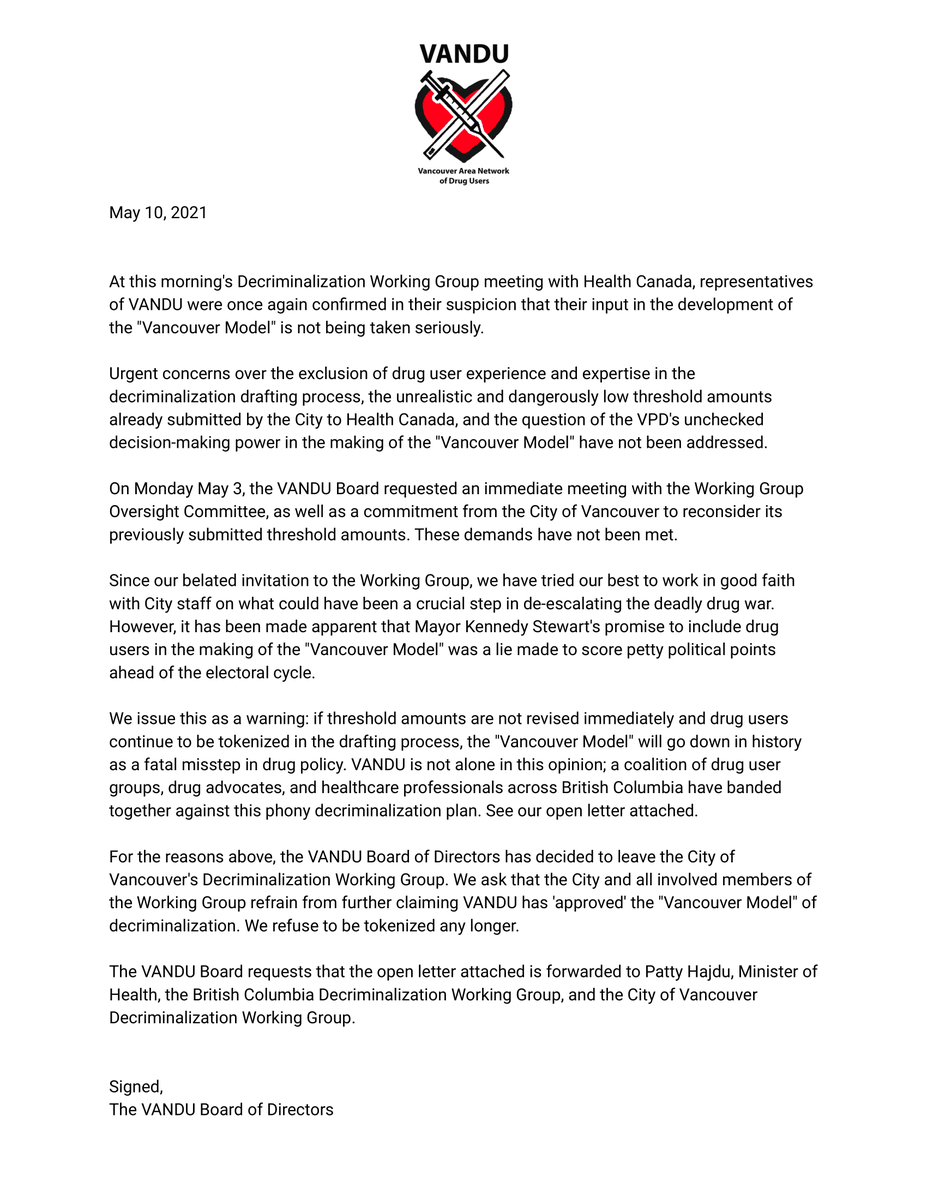VANDUpeople's tweet photo. VANDU resigns from the @CityofVancouver Decriminalization Working Group.

"If threshold amounts are not revised immediately and drug users continue to be tokenized in the drafting process, the 'Vancouver Model' will go down in history as a fatal misstep in drug policy." https://t.co/PsHlneLYA5
