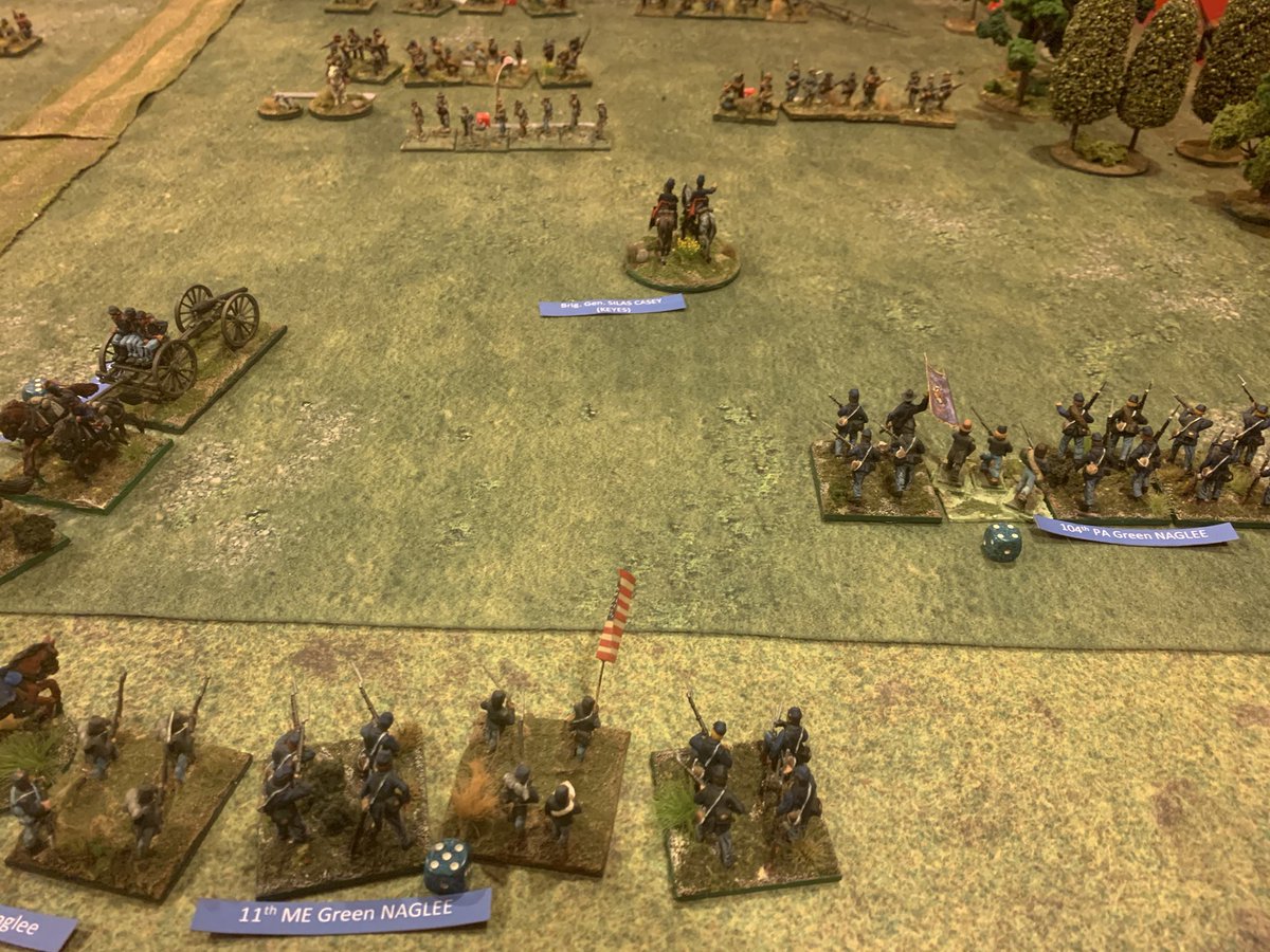 Unfortunately the 11th Maine takes hits from the 2nd MS and flunk their Elephant test. Even with their Brigadier attached, they are Whipped and fall back like geese. Their flank supports, the 100th NY, have no choice but to retire. Garland can breathe easier.  #SevenPines  #ACW