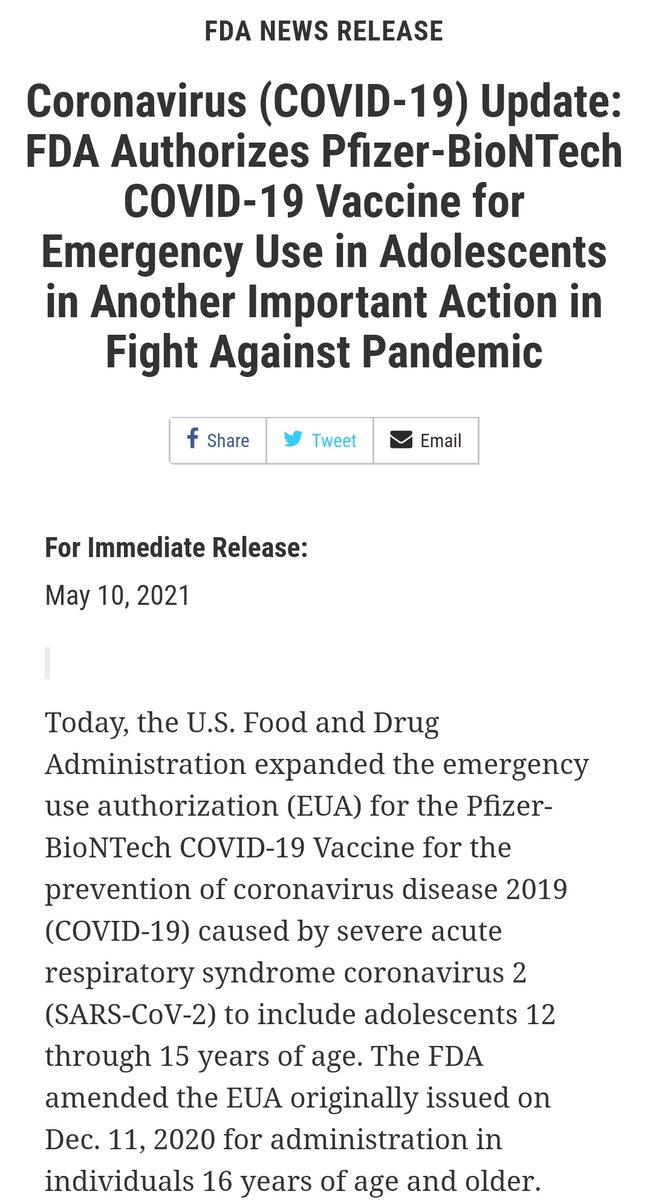 DrChavezDiaz's tweet photo. Excelente noticia: La FDA autoriza el uso de emergencia para la vacuna de Pfizer desde los 12 años de edad en EEUU. https://t.co/rT9DI5JdHp