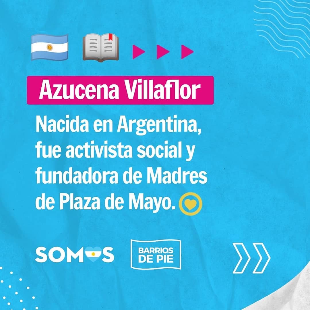 BarriosdepieC13's tweet photo. 👉Hoy en #HablemosDeCosasImportantes ¿Quién fue Azucena Villaflor?
📌Hablamos sobre su historia, su lucha y porqué su nombre es un ejemplo de resistencia y organización colectiva
#HablemosDeCosasImportantes
#MiniBiografia
#AzucenaVillaflor https://t.co/krPav6qRwG