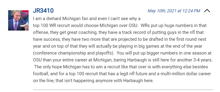 JBook_37's tweet photo. Michigan fans have waived the white flag after they received news that 247's Steve Wiltfong Crystal Ball 4 star WR Kaleb Brown to Ohio State today. Michigan fans thought they were leading. https://t.co/9DRLbGdTM1