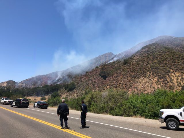 CALFIRE_SLO's tweet photo. #TwitchellIC VEGETATION FIRE: HWY 166 x Alamo Creek. Two roadside starts, one contained at 1/2 acre, one is at 5 acres currently burning in brush on a steep slope. SBC & LPF resources committed. Forward progress has been stopped and is 20% contained. #CountyofSlo https://t.co/JObClZWD5N