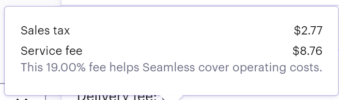 nbonini's tweet photo. Rethinking ever ordering through @Seamless again.  19% fee for a delivery order?  No thanks.  It did not cost $8.72 to take my order. https://t.co/h1oeavG651