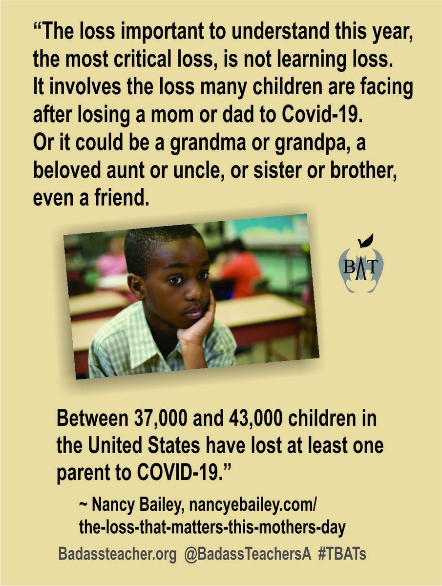 @GeorgiaBATs (@georgiabats2) on Twitter photo Around 40,000 children in the US have lost a parent to Covid. It’s vital that schools be given the time & space to work on the social/emotional needs of their students. Academics come second. More here: nancyebailey.com/2021/05/09/the… #TBATs <a href="/MemphisbatBa/">TennesseeBATs</a> <a href="/AlabamaBATs/">AlabamaBATs</a> <a href="/SoCarolinaBATs/">South Carolina BATs</a> Around 40,000 children in the US have lost a parent to Covid. It’s vital that schools be given the time & space to work on the social/emotional needs of their students. Academics come second. More here: nancyebailey.com/2021/05/09/the… #TBATs <a href="/MemphisbatBa/">TennesseeBATs</a> <a href="/AlabamaBATs/">AlabamaBATs</a> <a href="/SoCarolinaBATs/">South Carolina BATs</a>