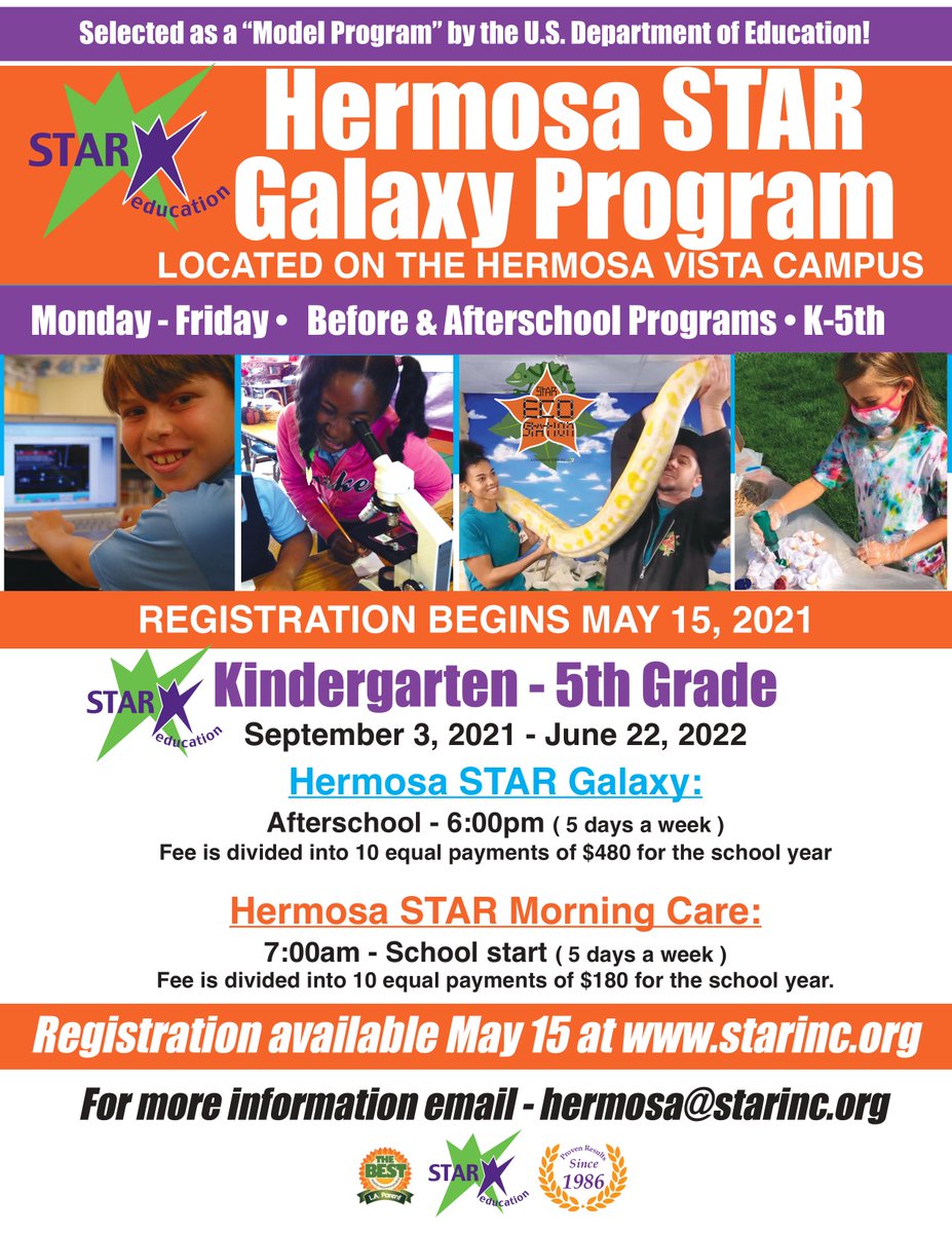 Registration for the K-5 Hermosa STAR Galaxy afterschool and Hermosa STAR Morning programs at the brand new Vista School in #HermosaBeach opens up on May 15 for the 2021-22 school year.

Learn more about STAR at starinc.org