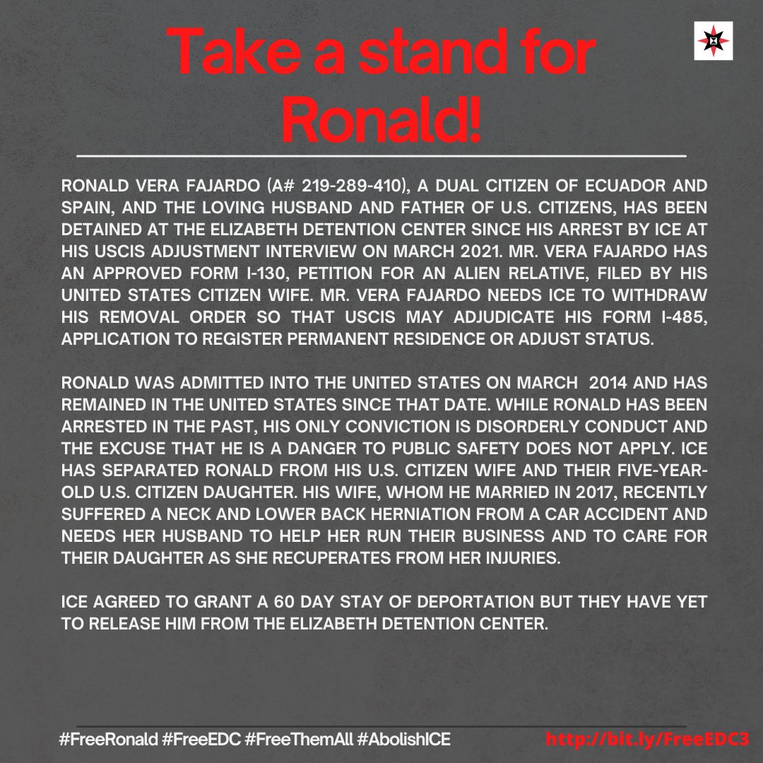abolishICE_nynj's tweet photo. ICE has separated Ronald from his wife and their 5 y.o. daughter. We demand that ICE release Ronald from Elizabeth Detention Center and withdraw the removal order so Ronald can stay with his family and pursue his green card. Take action via https://t.co/WQezfwCALv to #FreeRonald! https://t.co/dAjBcADfjh